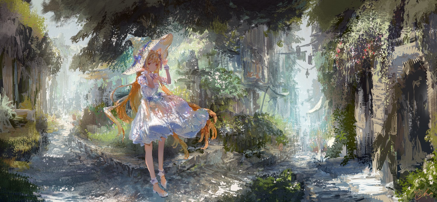 animal_ears, dress, heels, koyamanatsu, landscape, nekomimi, summer_dress