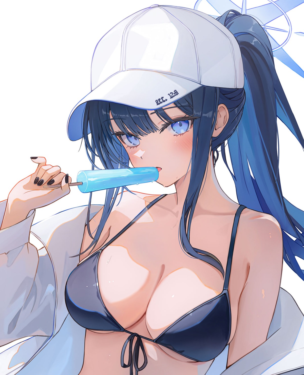 bikini_top, blue_archive, funii, halo, joumae_saori, open_shirt, swimsuits