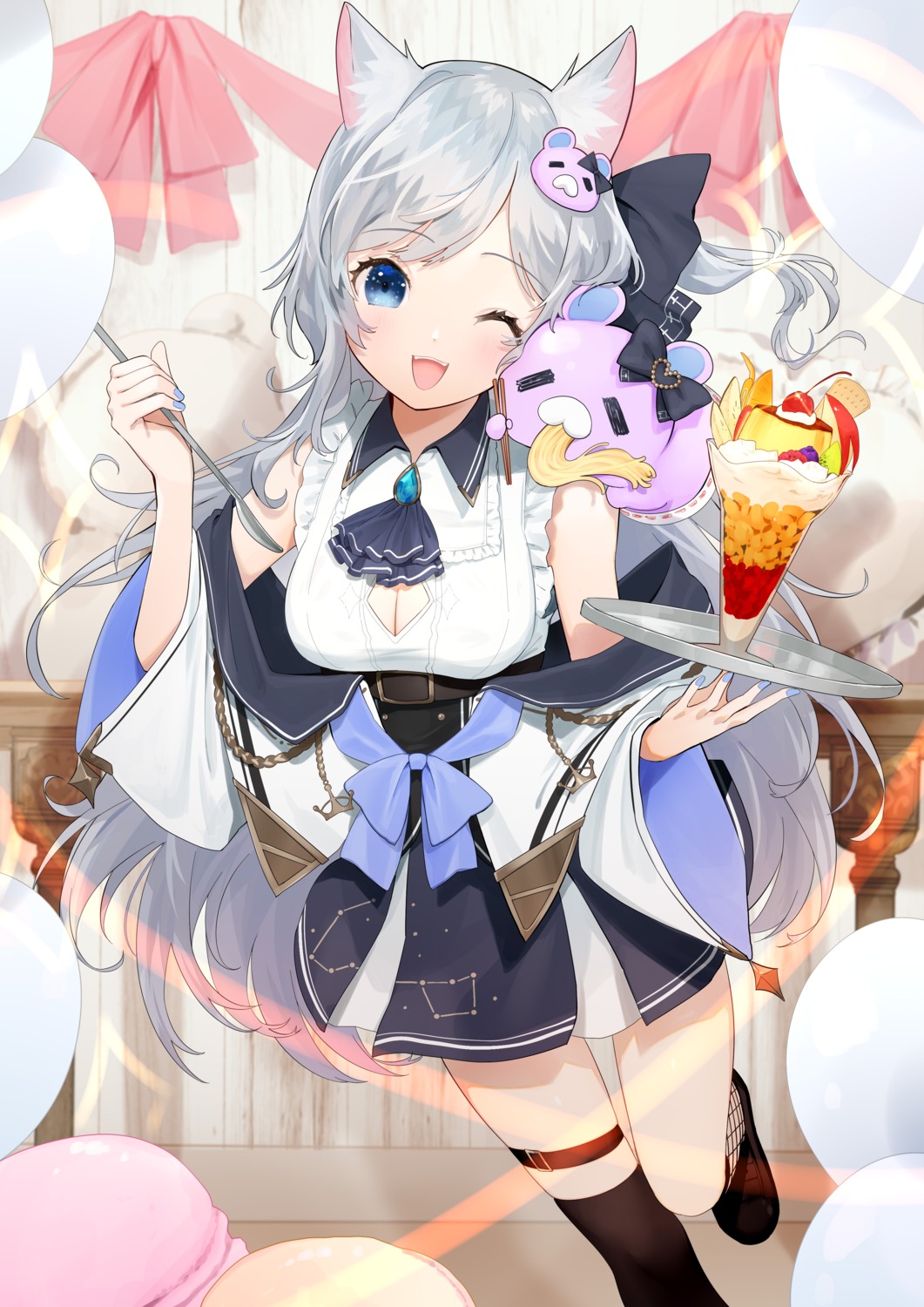 animal_ears, asakura_mashiro, cleavage, fishnets, garter, indie_virtual_youtuber, negimapurinn, thighhighs, waitress