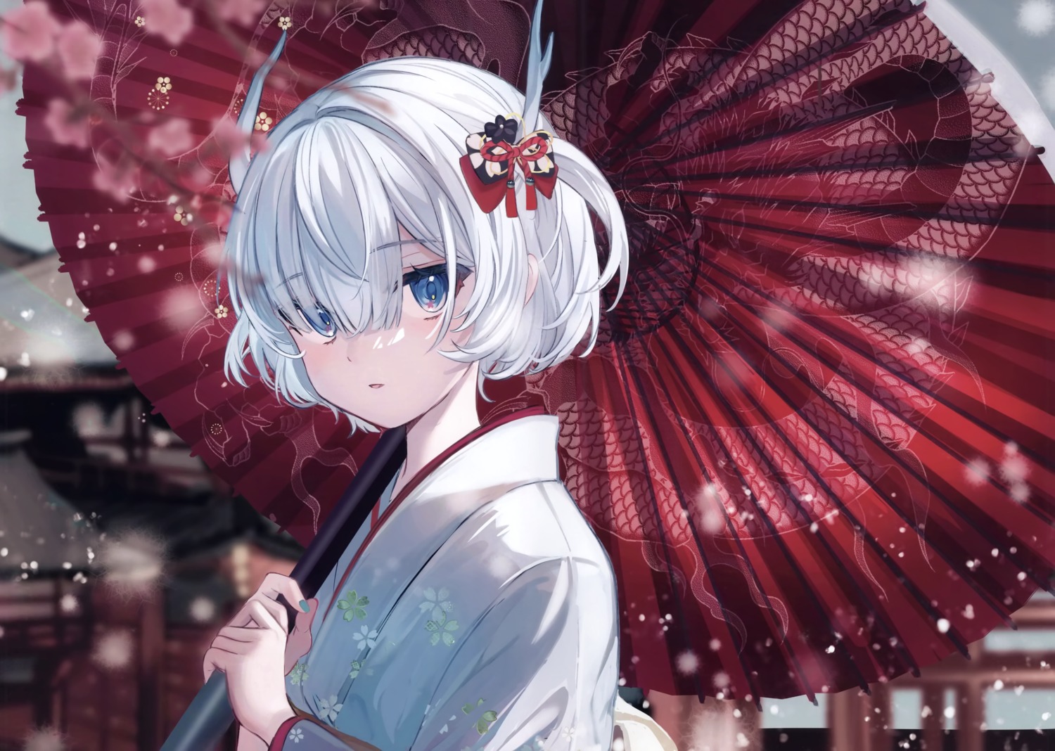 haruhiruri, horns, kimono, torikago_step, umbrella