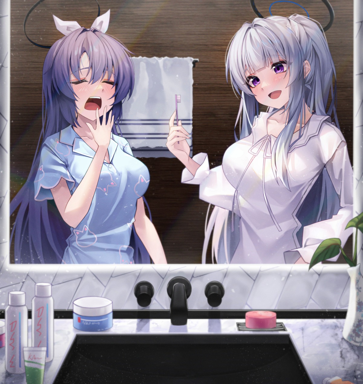 blue_archive, halo, hayase_yuuka, hidel, pajama, ushio_noa