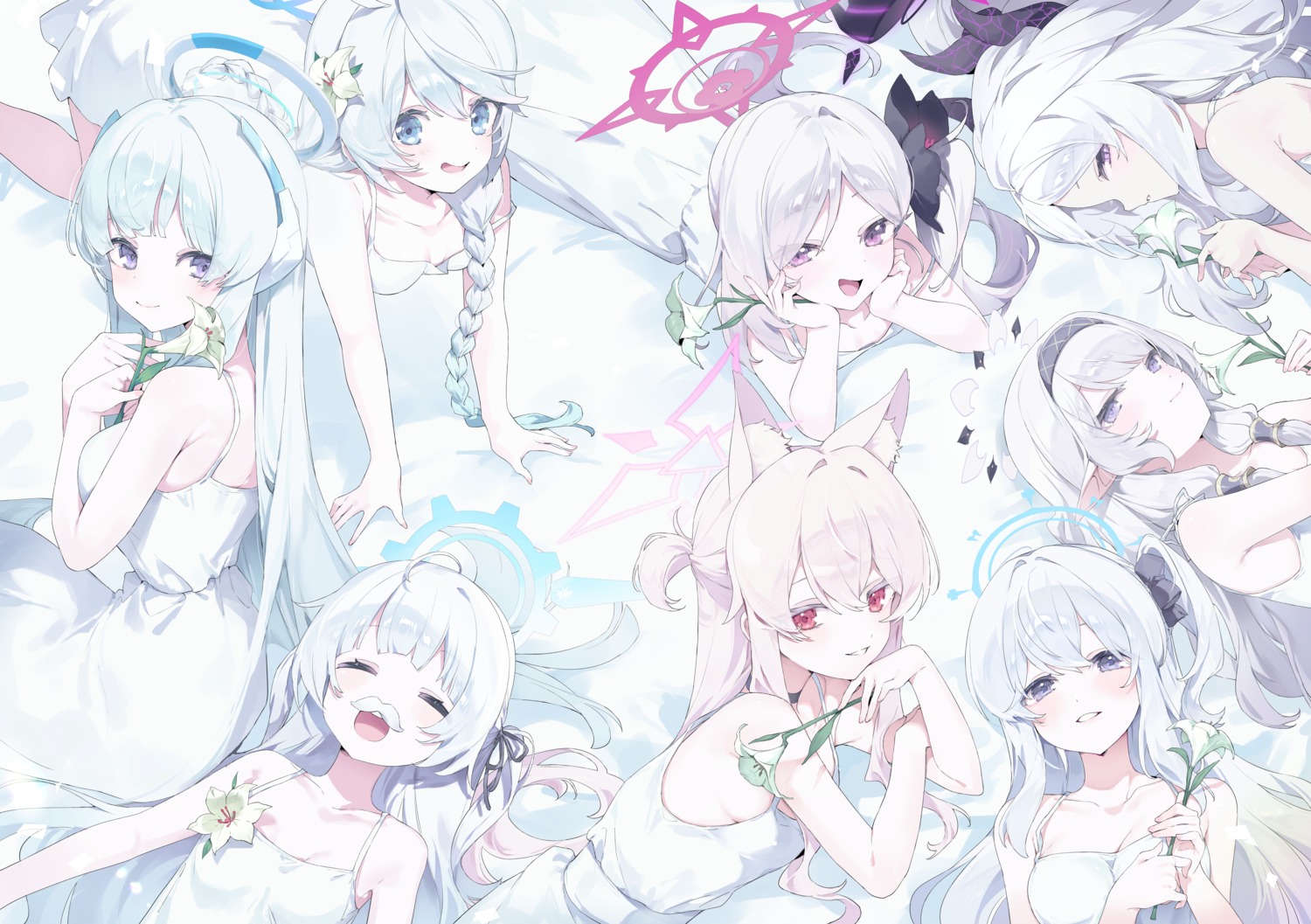 akeboshi_himari, animal_ears, asagi_mutsuki, blue_archive, dress, halo, horns, kiyosumi_akira, meunhongcha, nakatsukasa_kirino, nekomimi, pointy_ears, renkawa_cherino, sorasaki_hina, summer_dress, tsukiyuki_miyako, ushio_noa