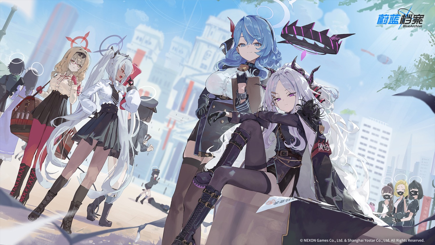 amau_ako, blue_archive, devil, gehenna_student, gun, halo, hinomiya_chinatsu, horns, megane, pantyhose, pointy_ears, prefect_team_member, seifuku, serie_niai, shiromi_iori, sorasaki_hina, stockings, sukeban_(mg), sukeban_(smg), sukeban_(sr), tail, thighhighs, uniform, wallpaper, wings