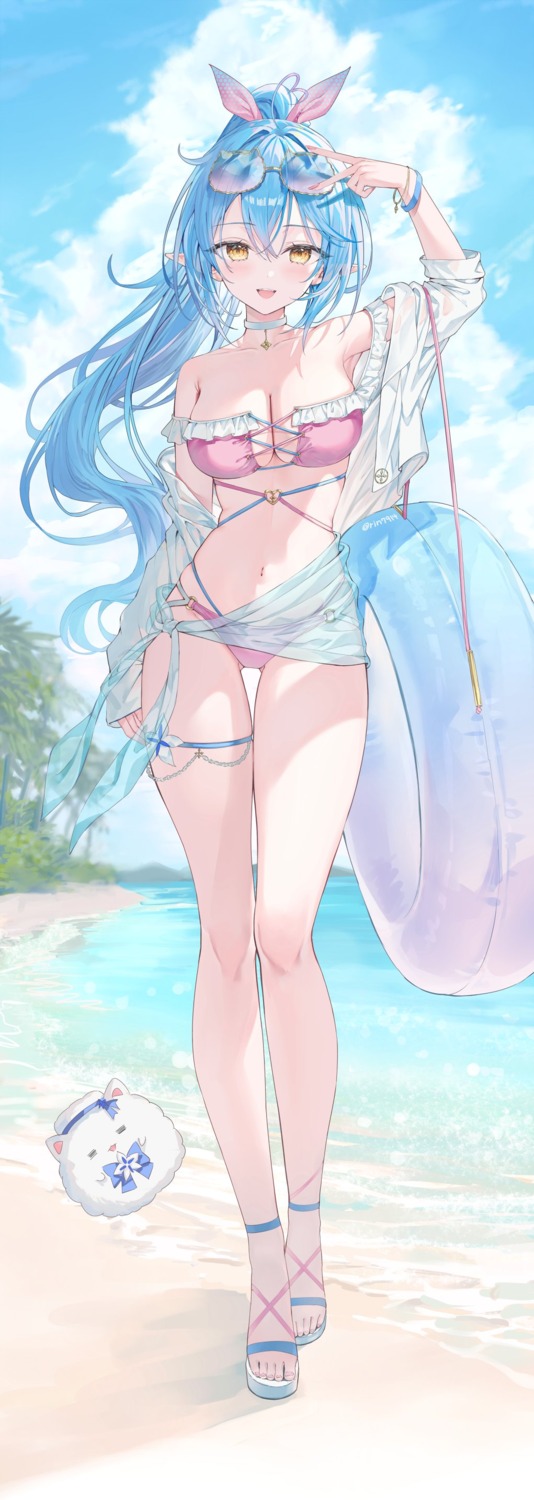 bikini, elf, garter, hololive, megane, open_shirt, pointy_ears, rin_yuu, see_through, swimsuits, wet_clothes, yukihana_lamy