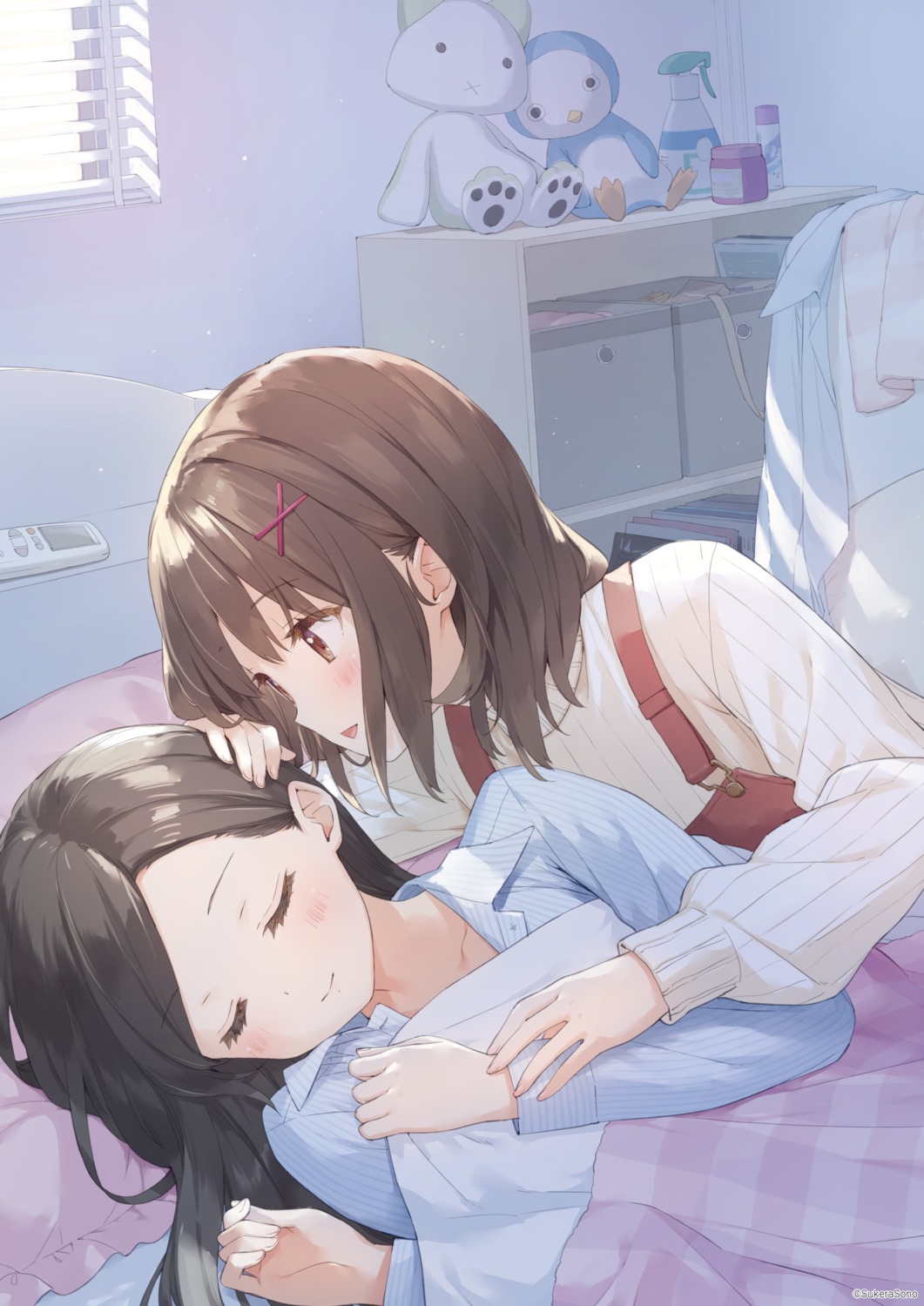 kani_biimu, overalls, pajama, sheets, sukerasono, sweater, yuri