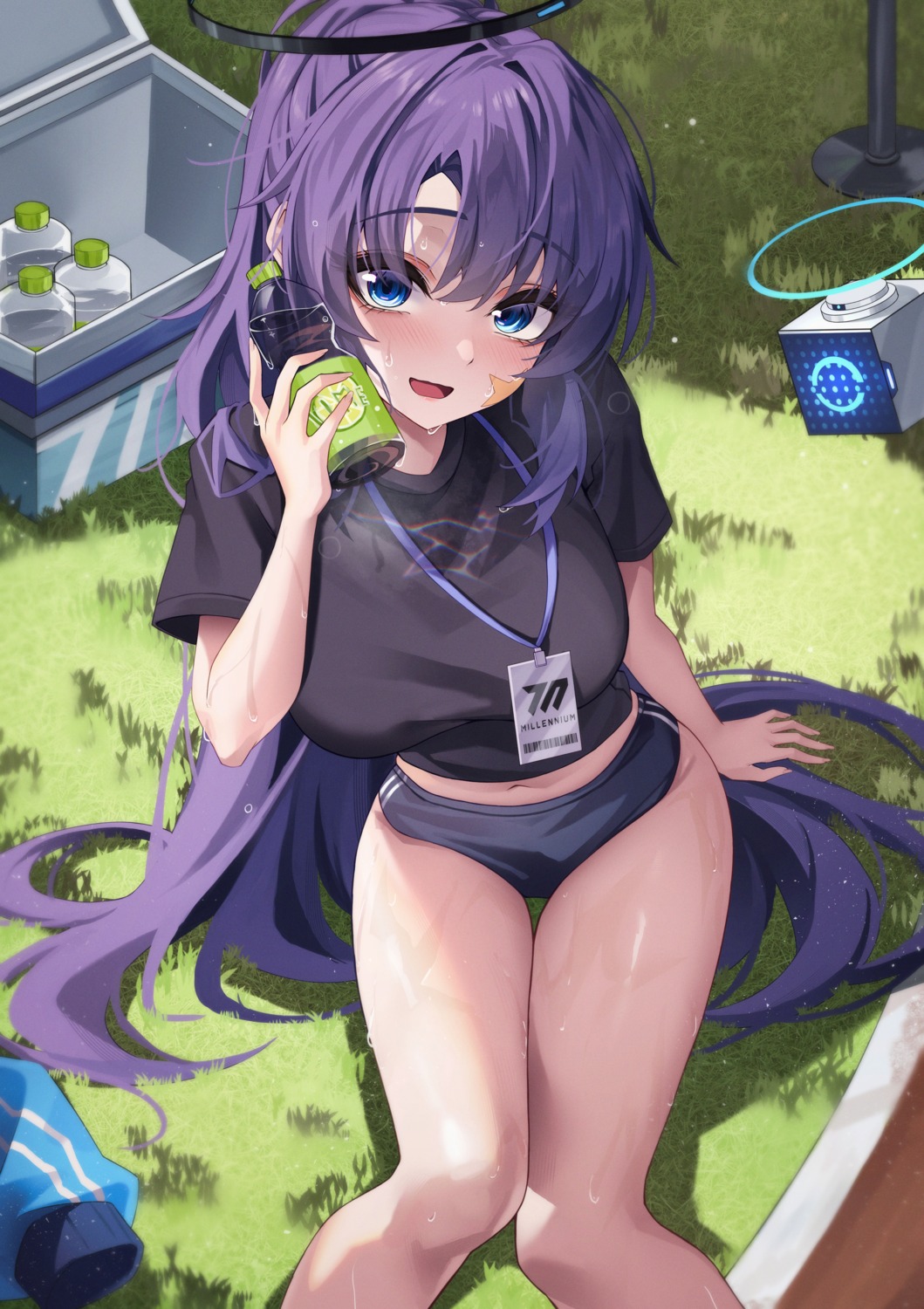 blue_archive, buruma, gym_uniform, halo, hayase_yuuka, hidel, tattoo, wet
