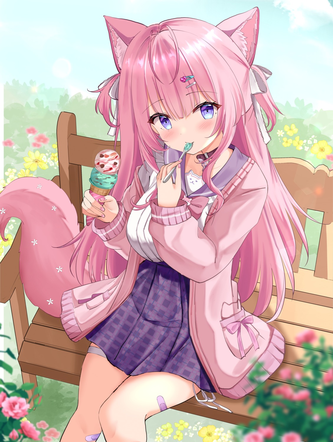 animal_ears, bandaid, garter, hakui_koyori, hololive, kanti15, seifuku, sweater