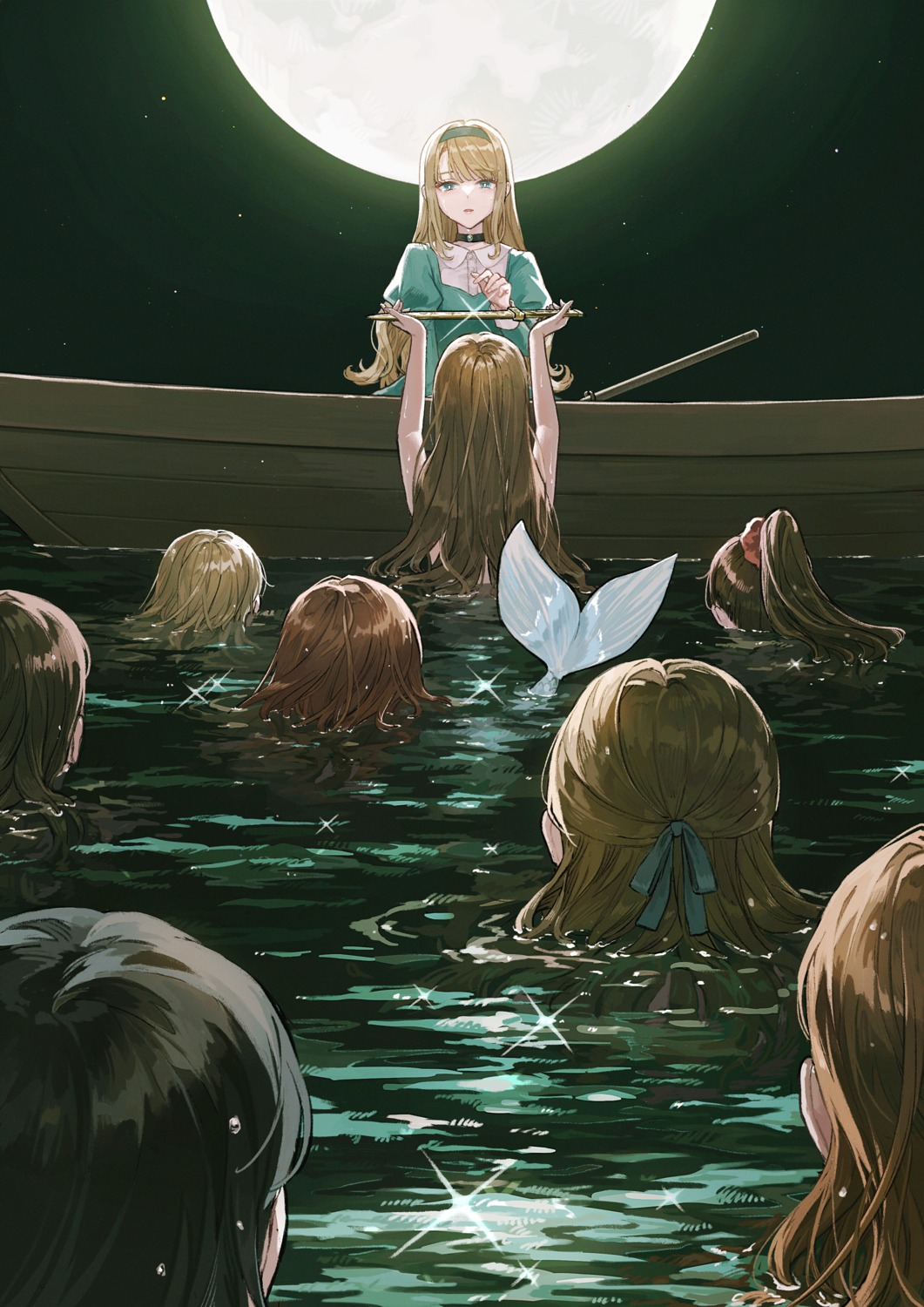 dress, kotobuki_nashiko, mermaid, monster_girl, tail, weapon, wet