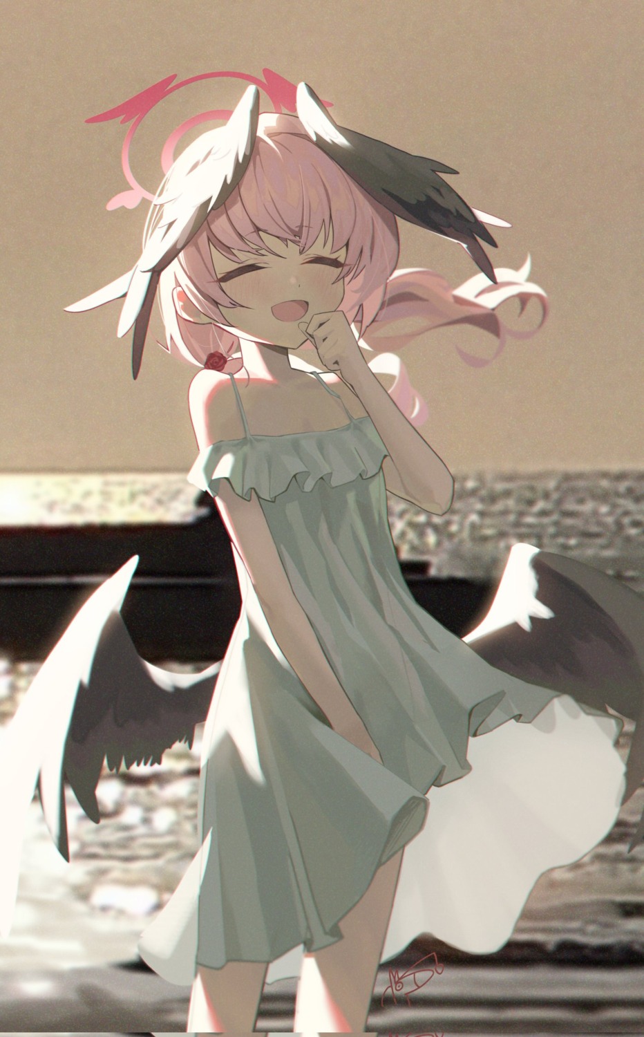 blue_archive, dan_nako, dress, halo, shimoe_koharu, skirt_lift, summer_dress, wings