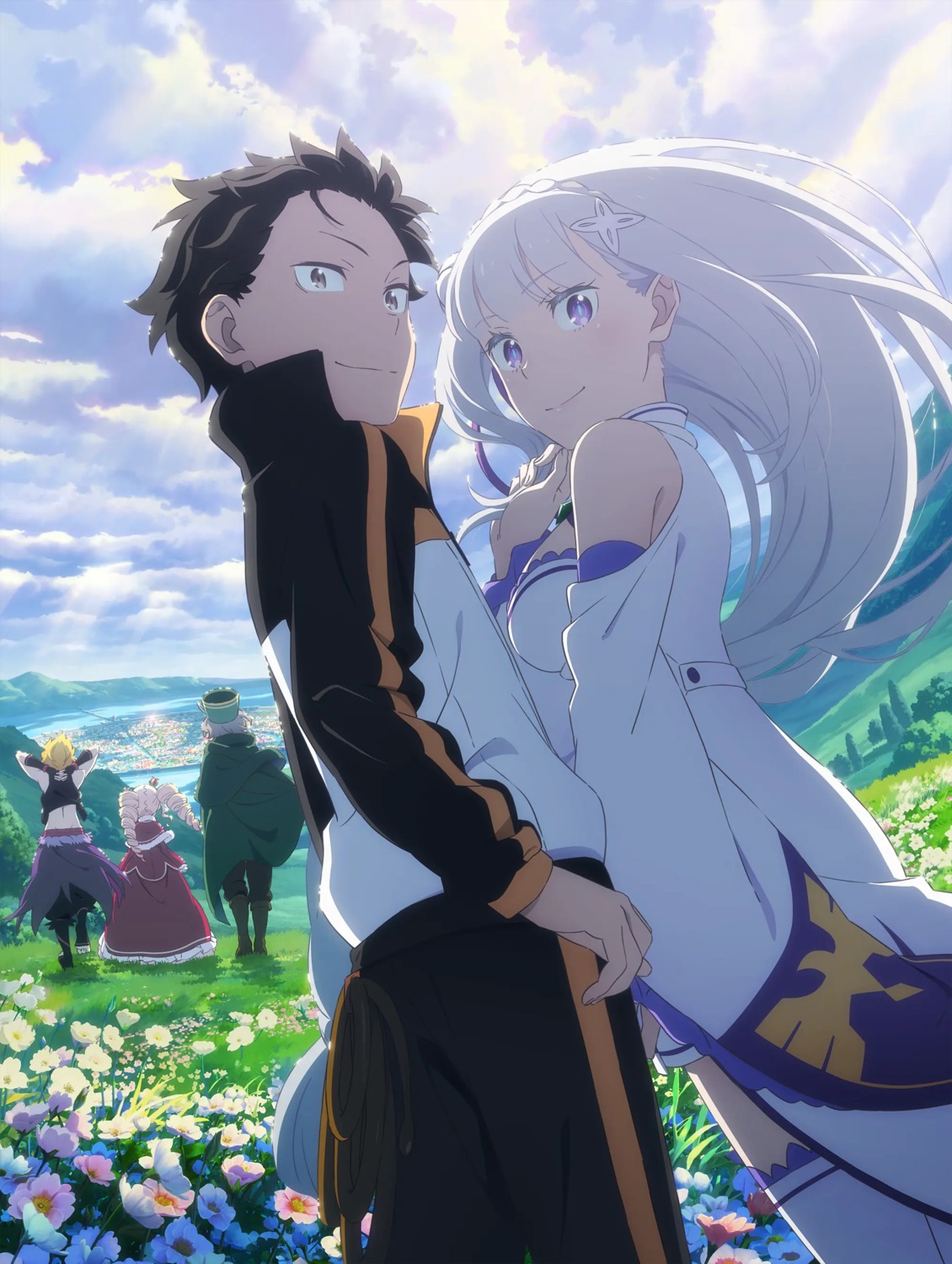 beatrice_(re_zero), dress, elf, emilia_(re_zero), garfiel_tinsel, gym_uniform, natsuki_subaru, otto_suwen
