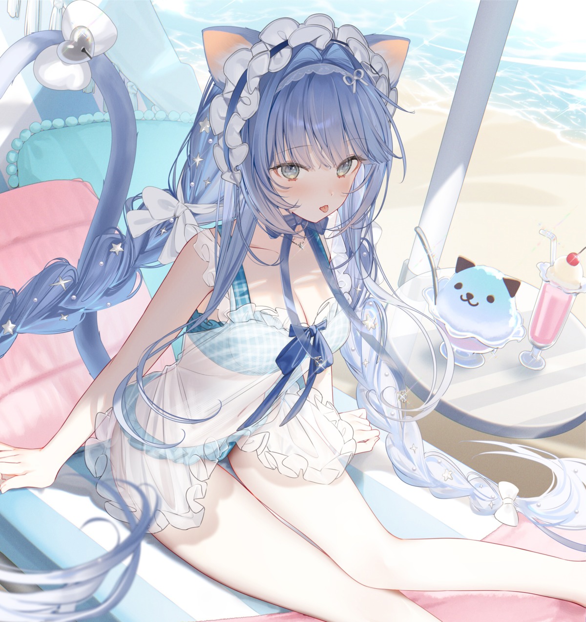animal_ears, bikini, detexted, kuma_daigorou, maid, nekomimi, see_through, swimsuits, tail