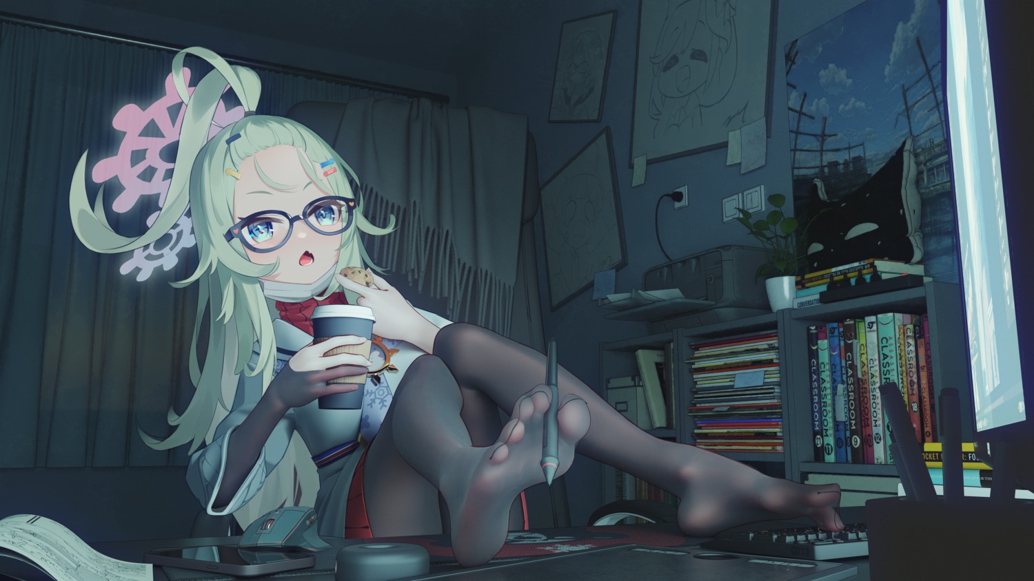 blue_archive, feet, halo, himeki_meru, megane, mr_ito, pantyhose, seifuku