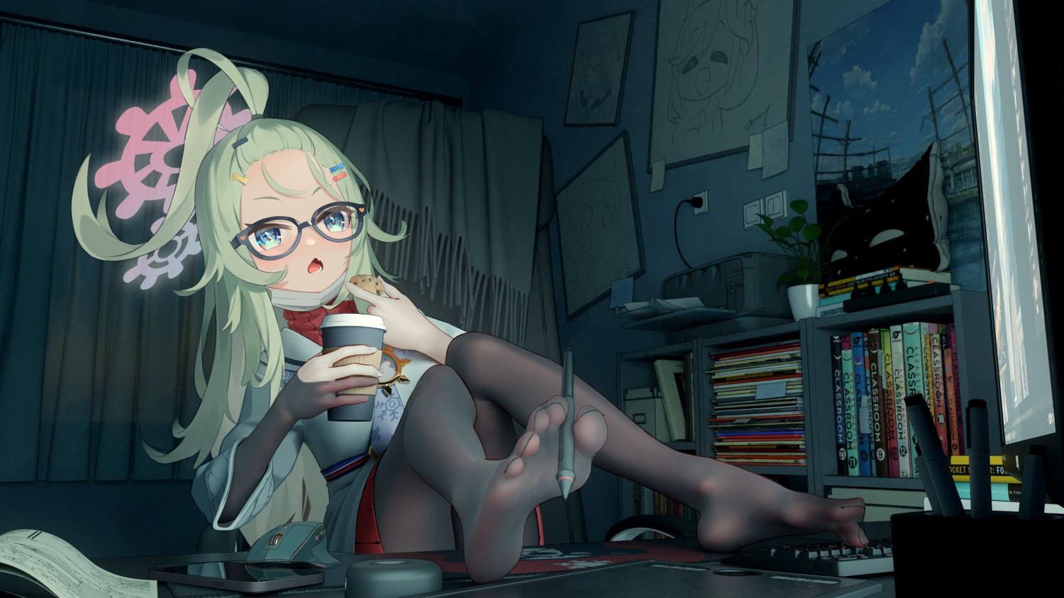 blue_archive, feet, halo, himeki_meru, megane, mr_ito, pantyhose, seifuku