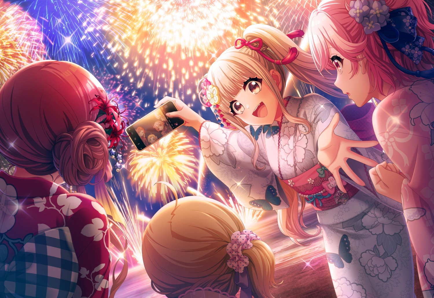 d4dj, kasuga_haruna, sakurada_miyuu, selfie, shiratori_kurumi_(d4dj), tagme, takeshita_miiko, yukata