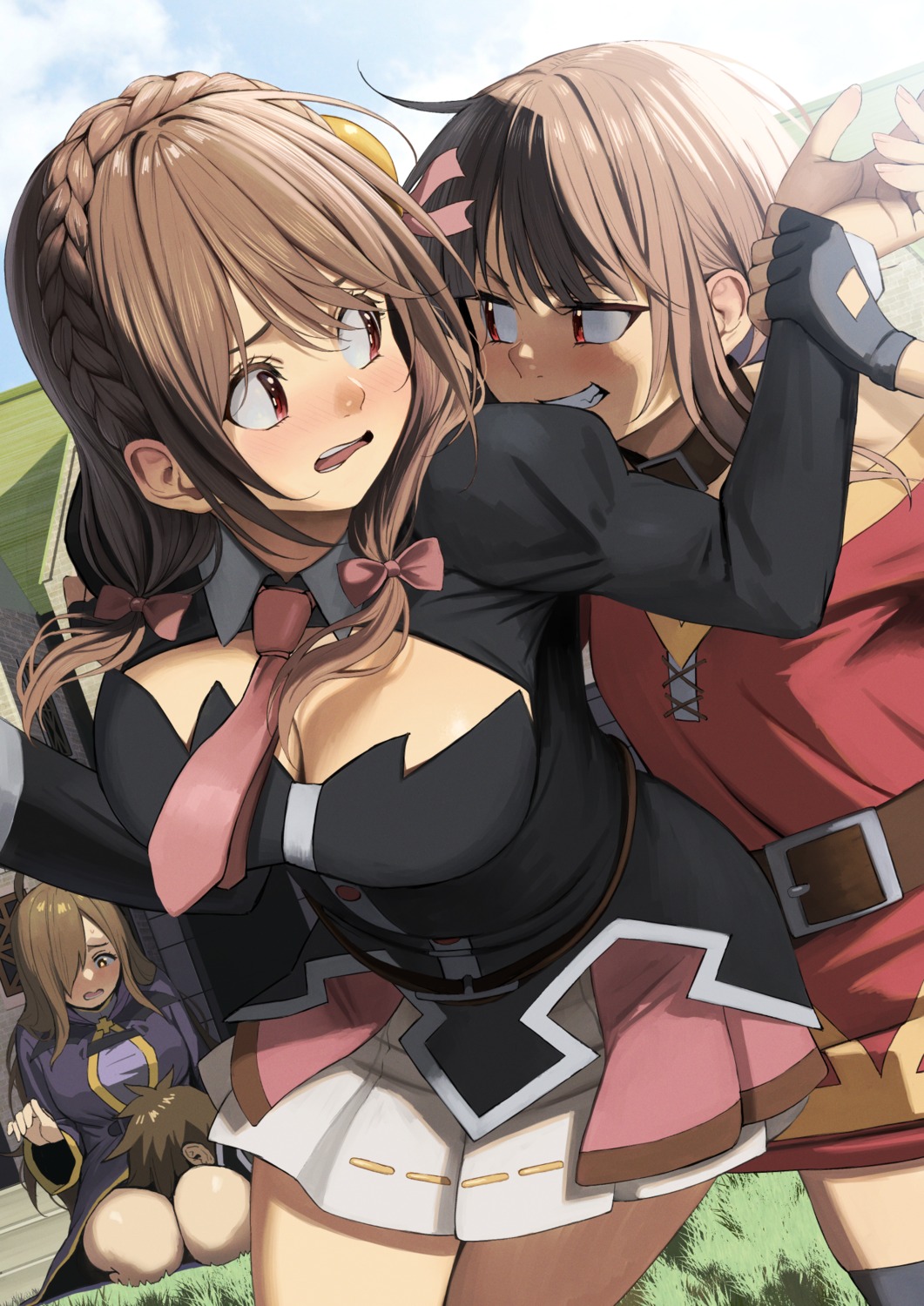 cleavage, dress, izawa_(bhive003), kono_subarashii_sekai_ni_shukufuku_wo!, megumin, satou_kazuma, thighhighs, wiz