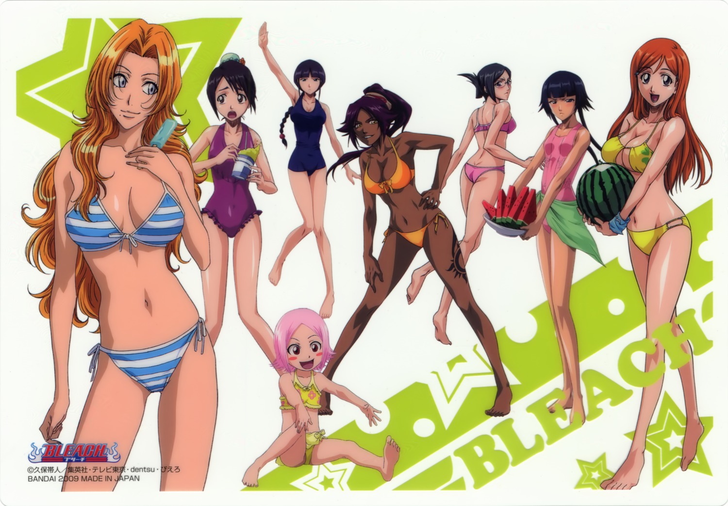 bikini, bleach, hinamori_momo, inoue_orihime, ise_nanao, kurotsuchi_nemu, kusajishi_yachiru, matsumoto_rangiku, overfiltered, scanning_artifacts, shihouin_yoruichi, sui-feng, swimsuits