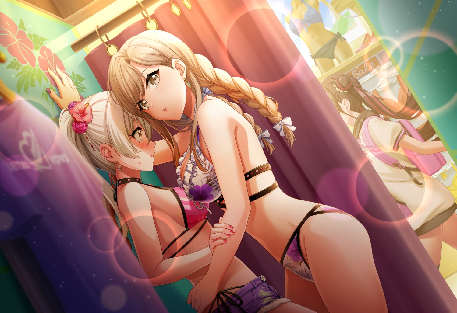 bikini, d4dj, kaibara_michiru, shinomiya_kokoa, swimsuits, symmetrical_docking, tagme, tendou_hayate, thighhighs, yuri