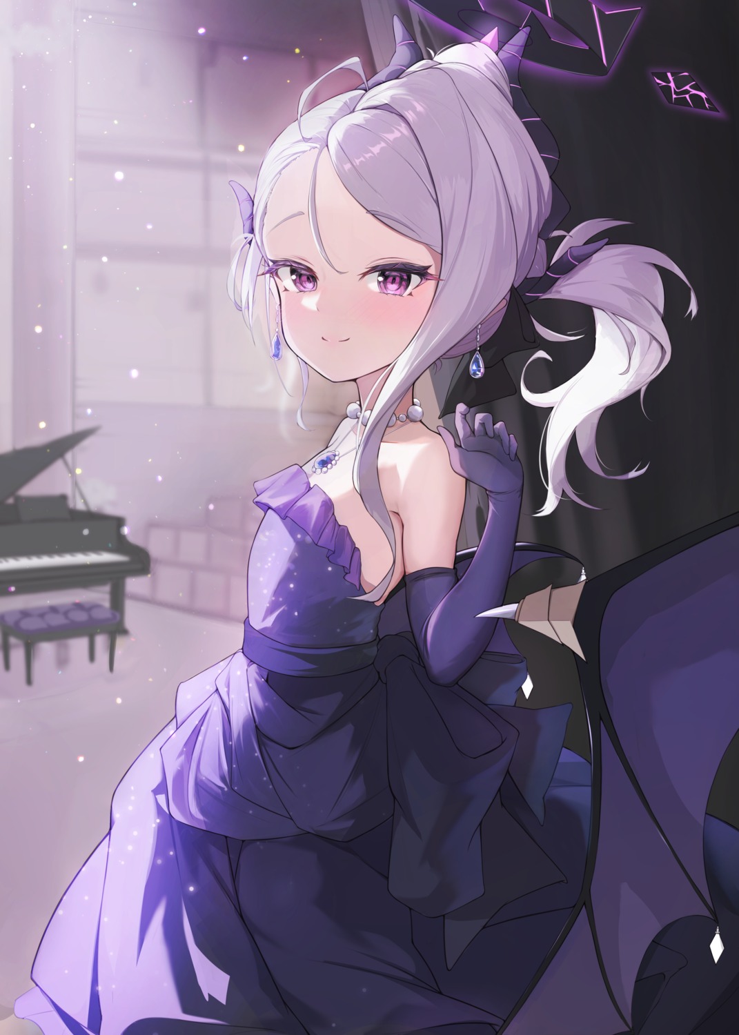 blue_archive, devil, dress, halo, hooming_illust, horns, no_bra, sorasaki_hina, wings