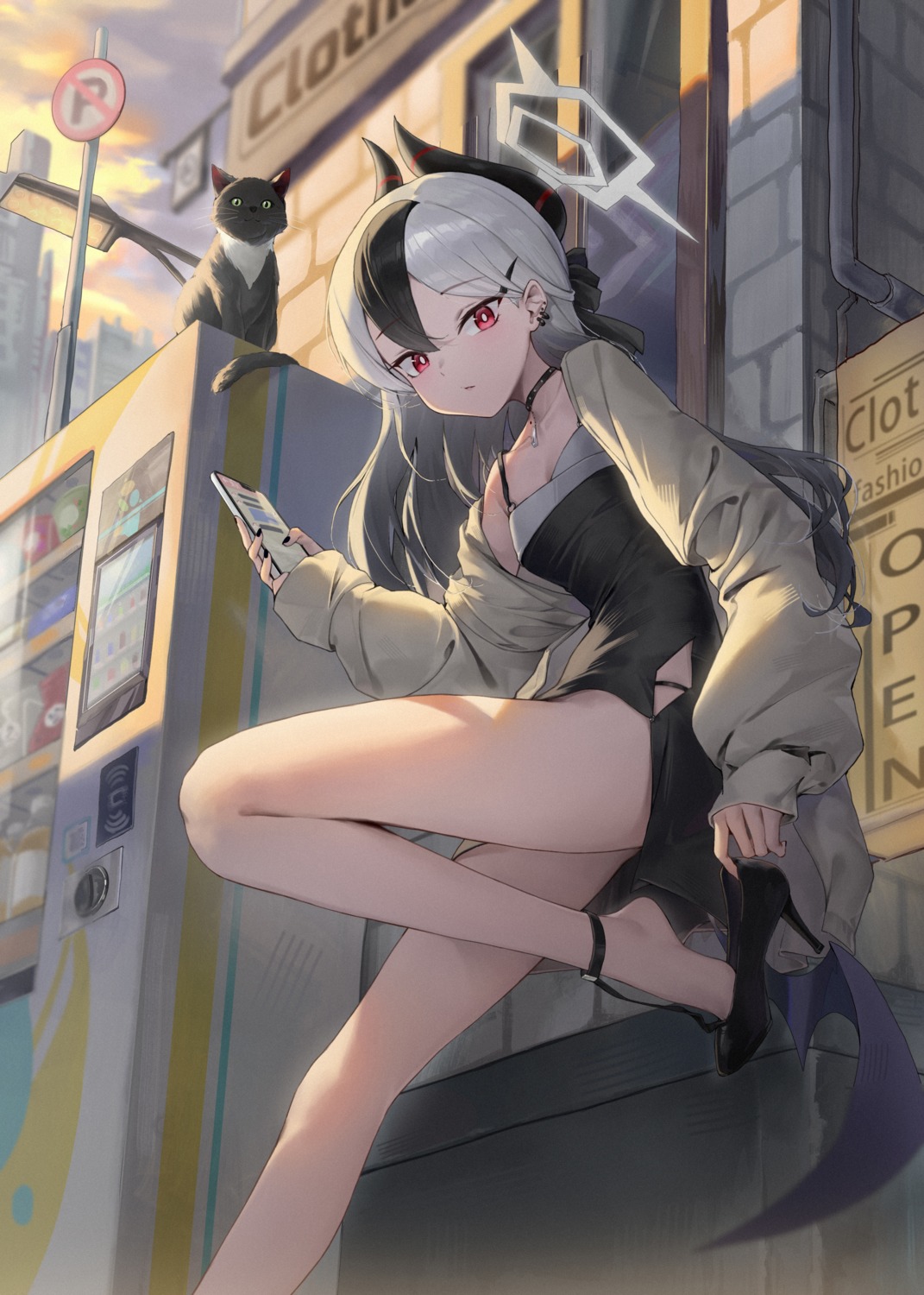 blue_archive, devil, dress, halo, heels, horns, laomotou, neko, onikata_kayoko, sweater, wings
