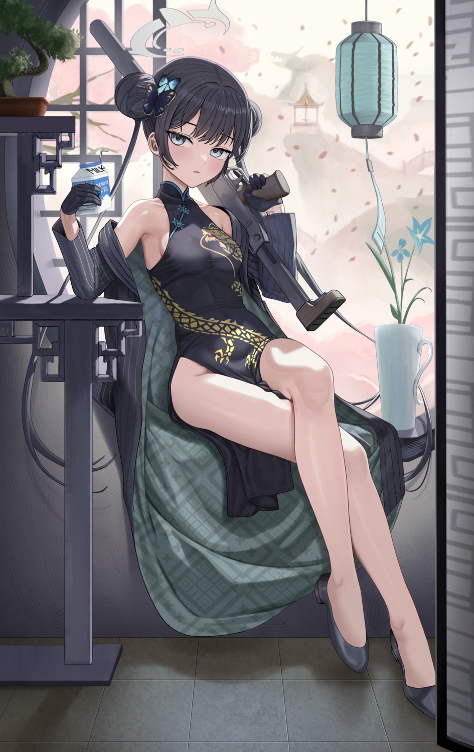 blue_archive, chinadress, gun, halo, heels, no_bra, nopan, ryuuge_kisaki