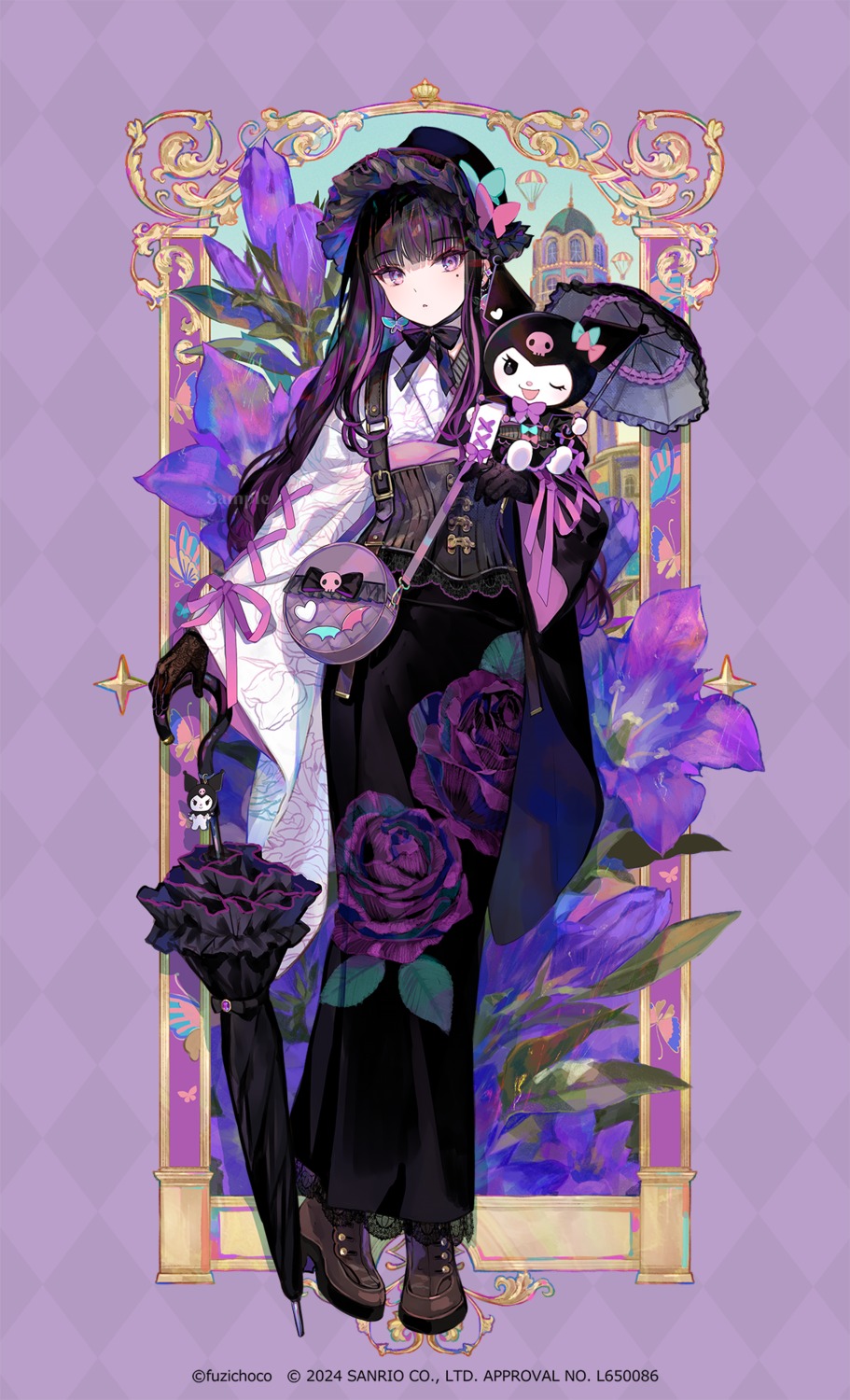 crossover, fuzichoko, heels, japanese_clothes, kuromi_(sanrio), sample, sanrio, umbrella