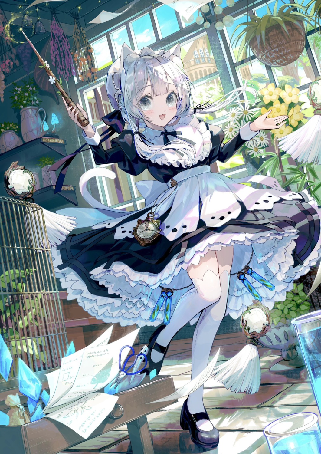 animal_ears, artist_revision, maid, negimapurinn, nekomimi, skirt_lift, tail, thighhighs