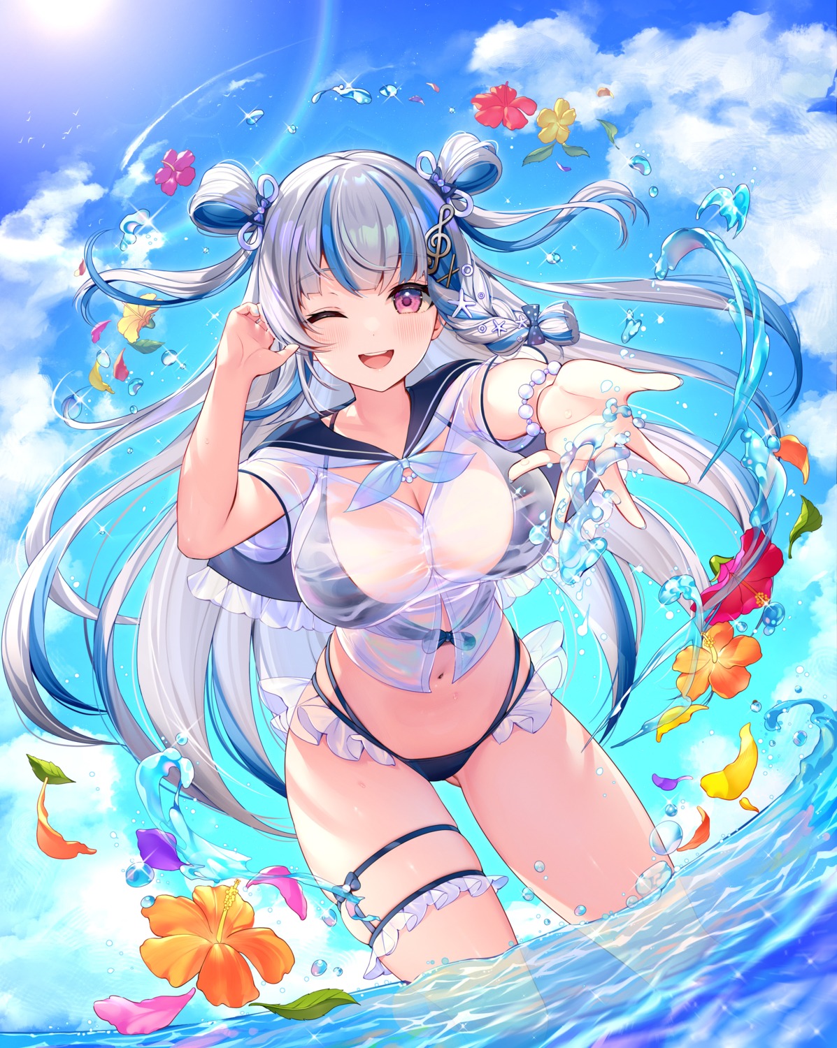 bikini, garter, indie_virtual_youtuber, niwatoryyyyyy, see_through, swimsuits, wet, wet_clothes