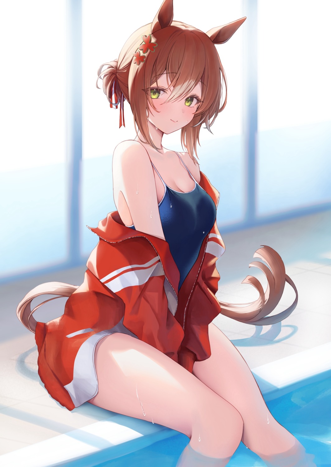 animal_ears, fine_motion_(umamusume), gym_uniform, huziko, school_swimsuit, swimsuits, tail, uma_musume_pretty_derby, wet