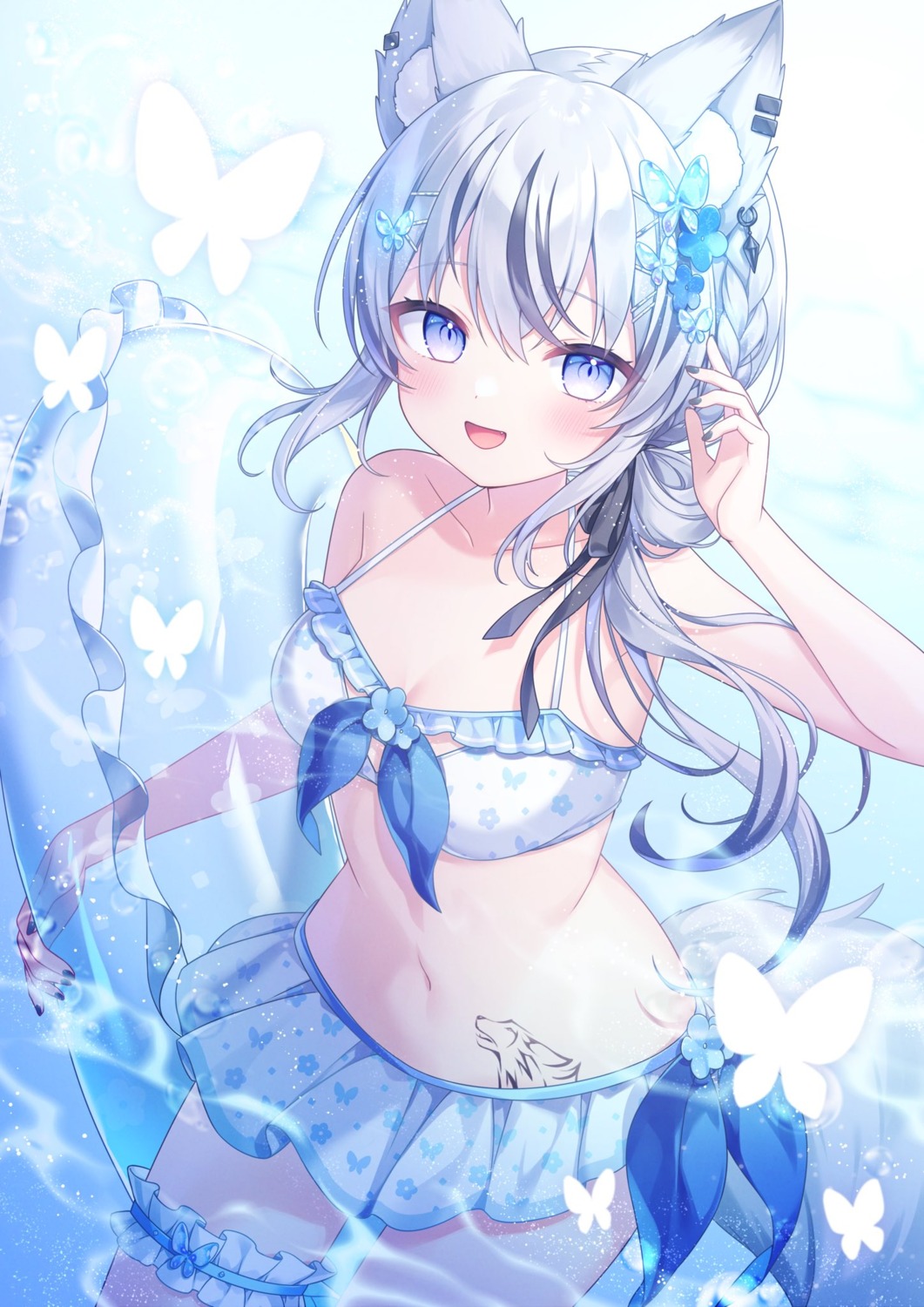 amene_kurumi, animal_ears, bikini, garter, indie_virtual_youtuber, mochita_ren, swimsuits, tail, tattoo, wet