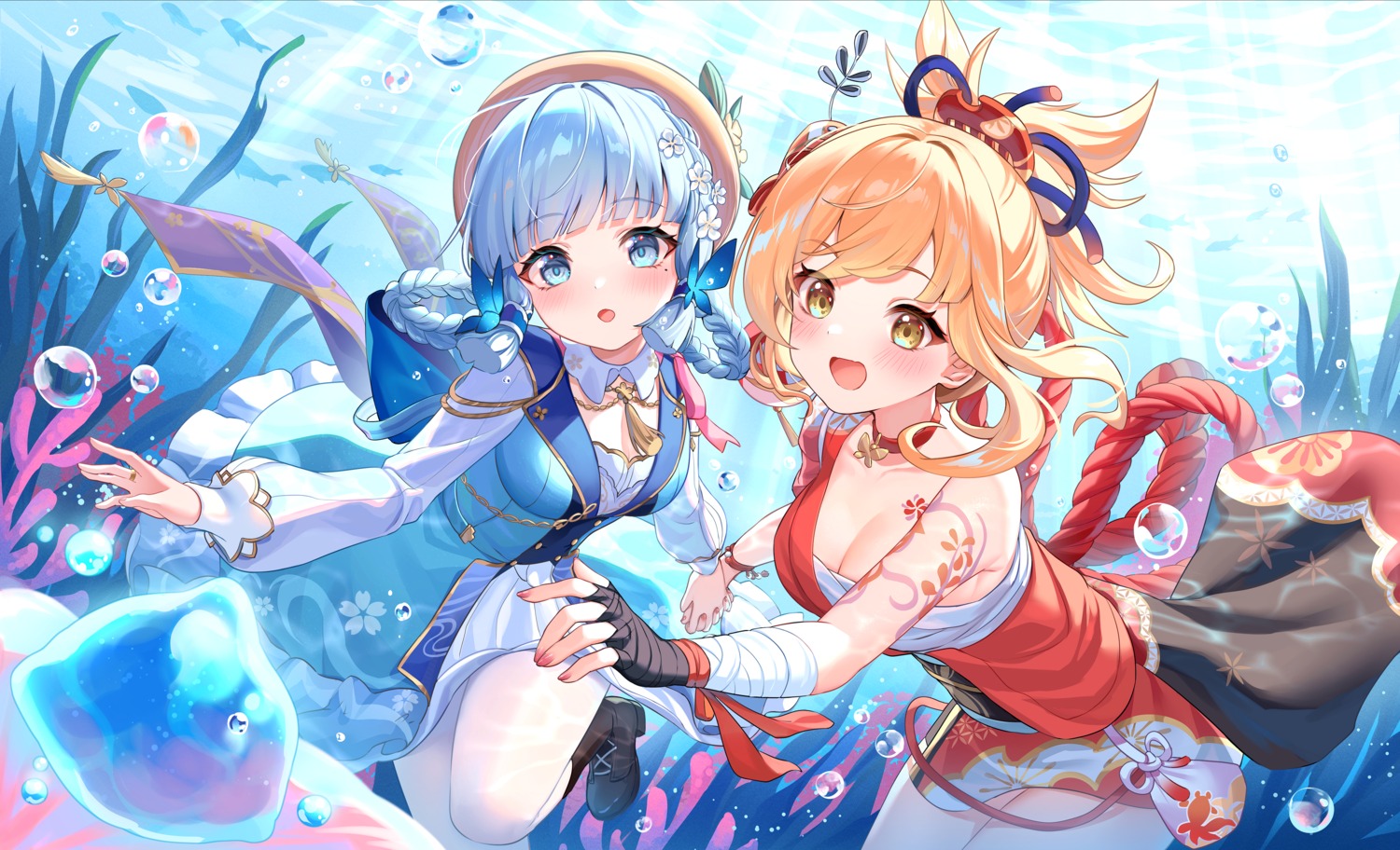 artist_revision, bandages, dress, genshin_impact, japanese_clothes, kamisato_ayaka, lalazyt, pantyhose, sarashi, skirt_lift, tattoo, wet, yoimiya