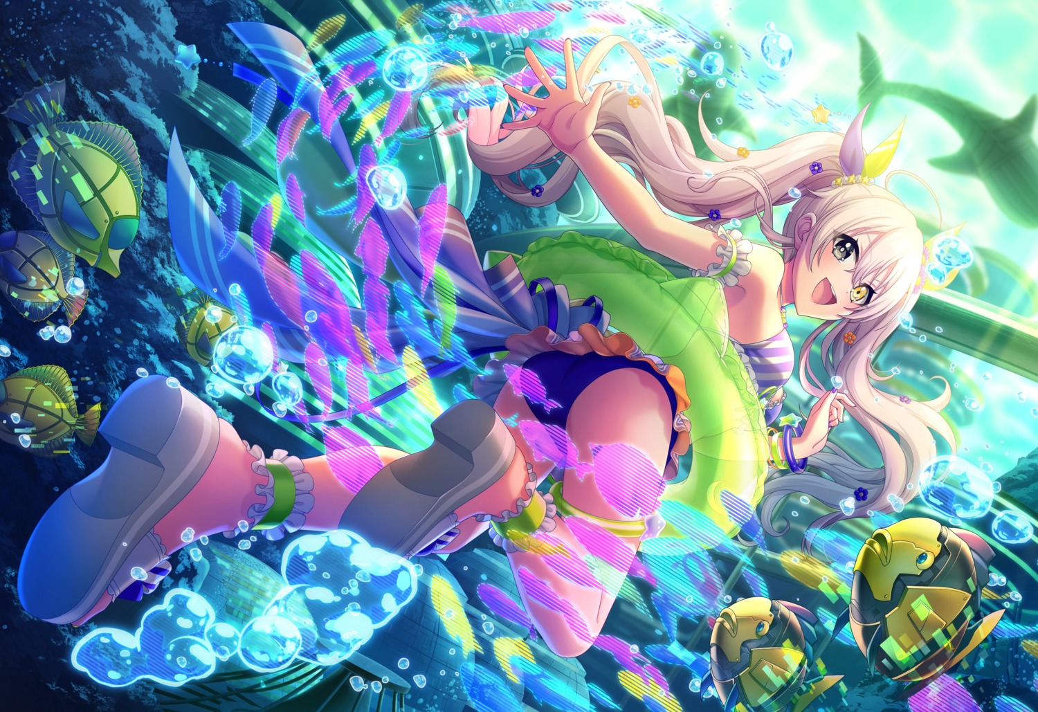 ass, bikini, d4dj, garter, heterochromia, ichihoshi_lumina, skirt_lift, swimsuits, tagme, wet