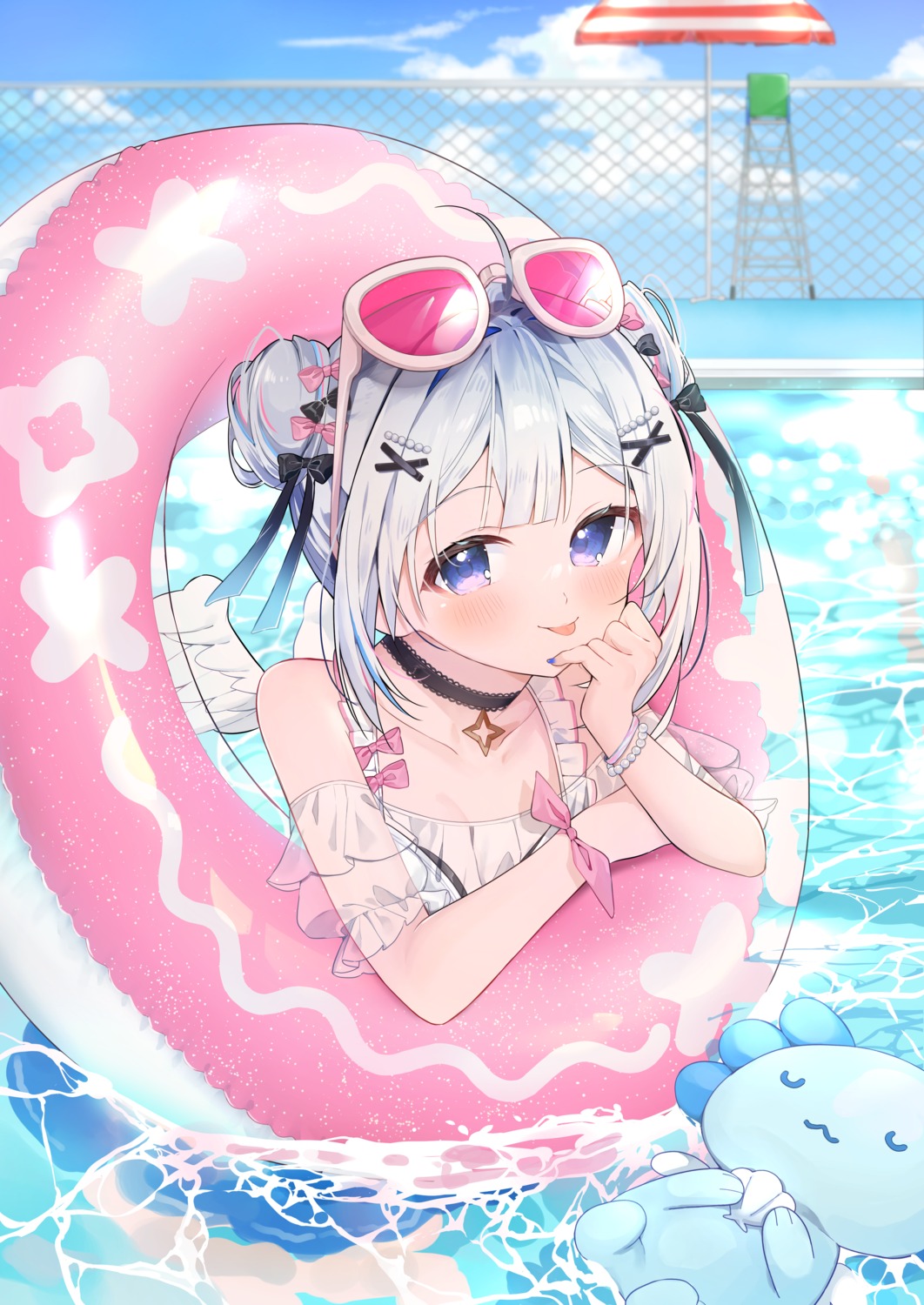 amane_kanata, animal_ears, bikini, eme_(emeralda), hololive, megane, see_through, swimsuits