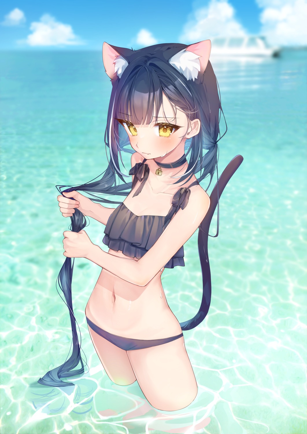 animal_ears, bikini, eme_(emeralda), nekomimi, swimsuits, tail, wet