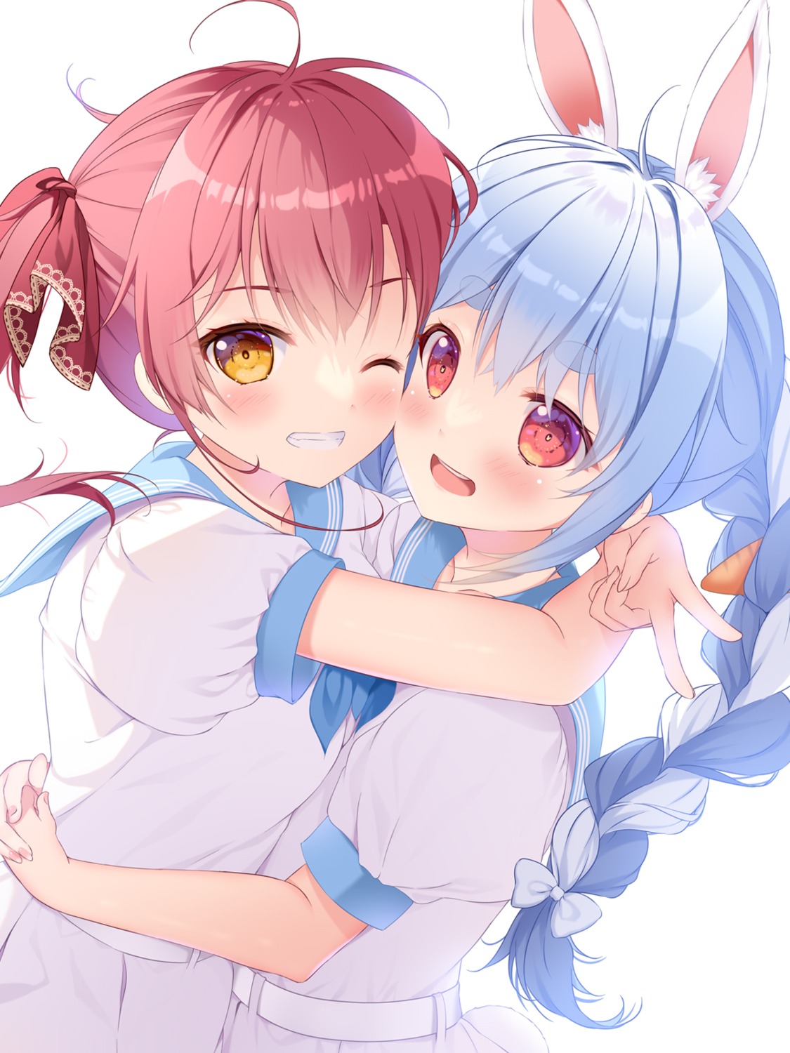 animal_ears, bunny_ears, hololive, houshou_marine, mikeou, seifuku, symmetrical_docking, tail