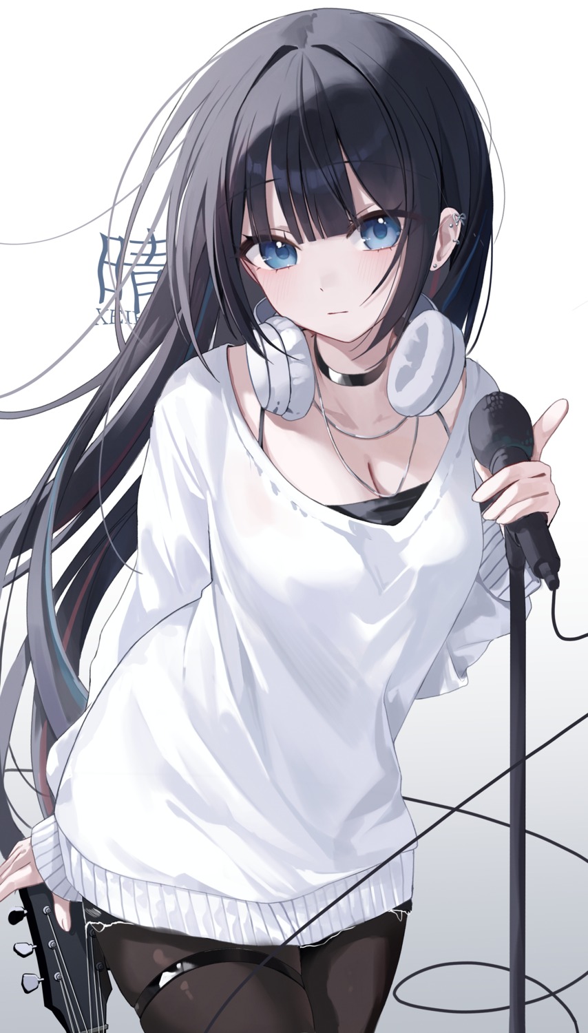 cleavage, garter, guitar, headphones, myowa, pantyhose, sweater, torn_clothes