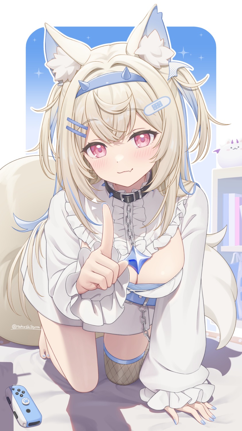 animal_ears, bandaid, fishnets, fuwawa_abyssgard, hololive, hololive_english, horns, inumimi, tail, thighhighs, tokoshibyra