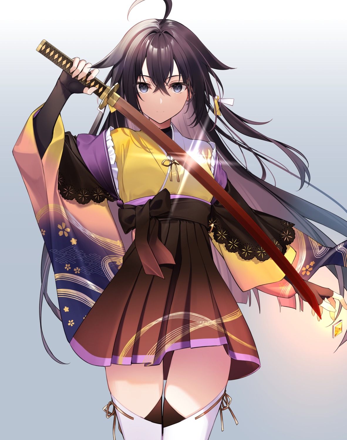 fuuka_shinonome, japanese_clothes, kisaragi_yuri, sword, thighhighs, yuusha_party_wo_oidasareta_kiyou_bimbou