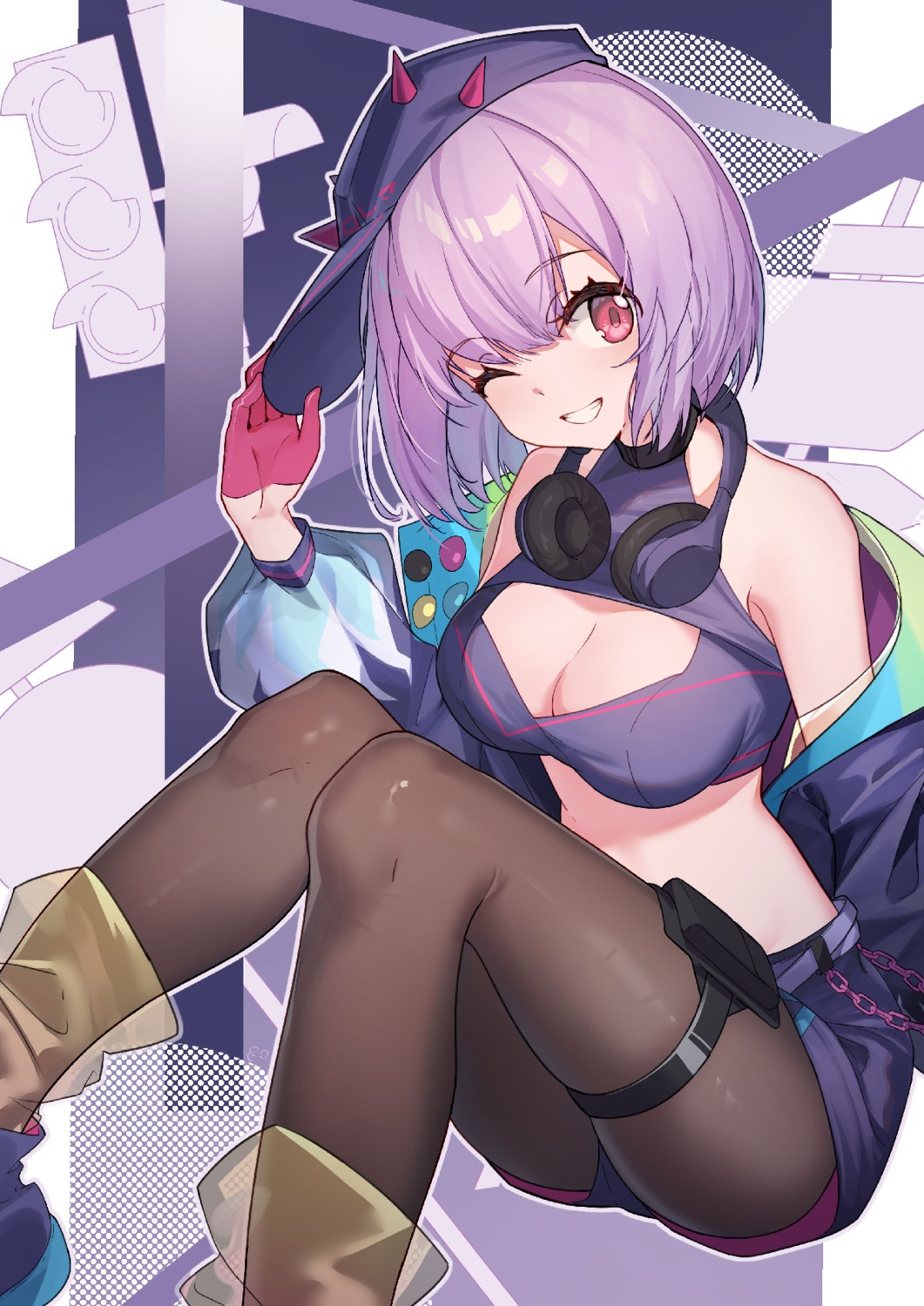 bison_cangshu, garter, gridman_universe, headphones, no_bra, pantyhose, see_through, shinjou_akane, ssss.gridman