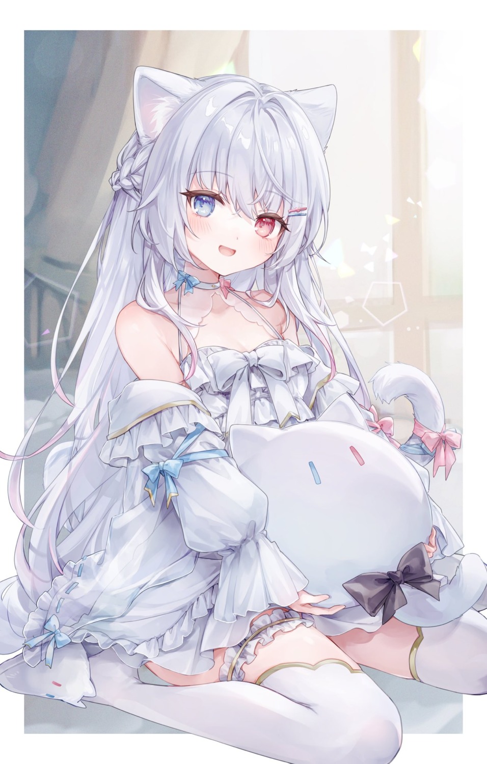 animal_ears, dress, garter, heterochromia, indie_virtual_youtuber, kanzaki_ririka, nekomimi, see_through