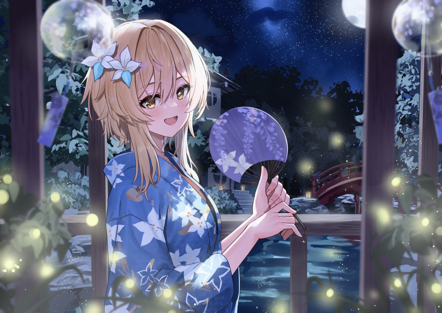 ayul, bra, genshin_impact, japanese_clothes, lumine, open_shirt