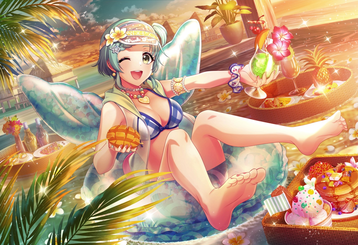 bikini, d4dj, feet, hanamaki_towa, open_shirt, see_through, swimsuits, tagme