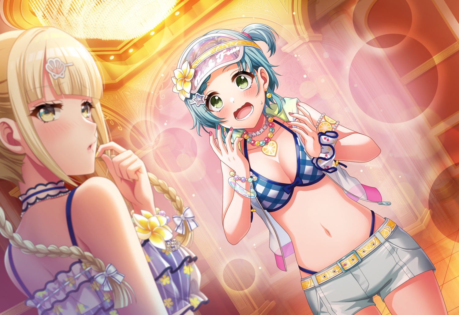 bikini, bikini_top, d4dj, fukushima_noa, hanamaki_towa, open_shirt, see_through, swimsuits