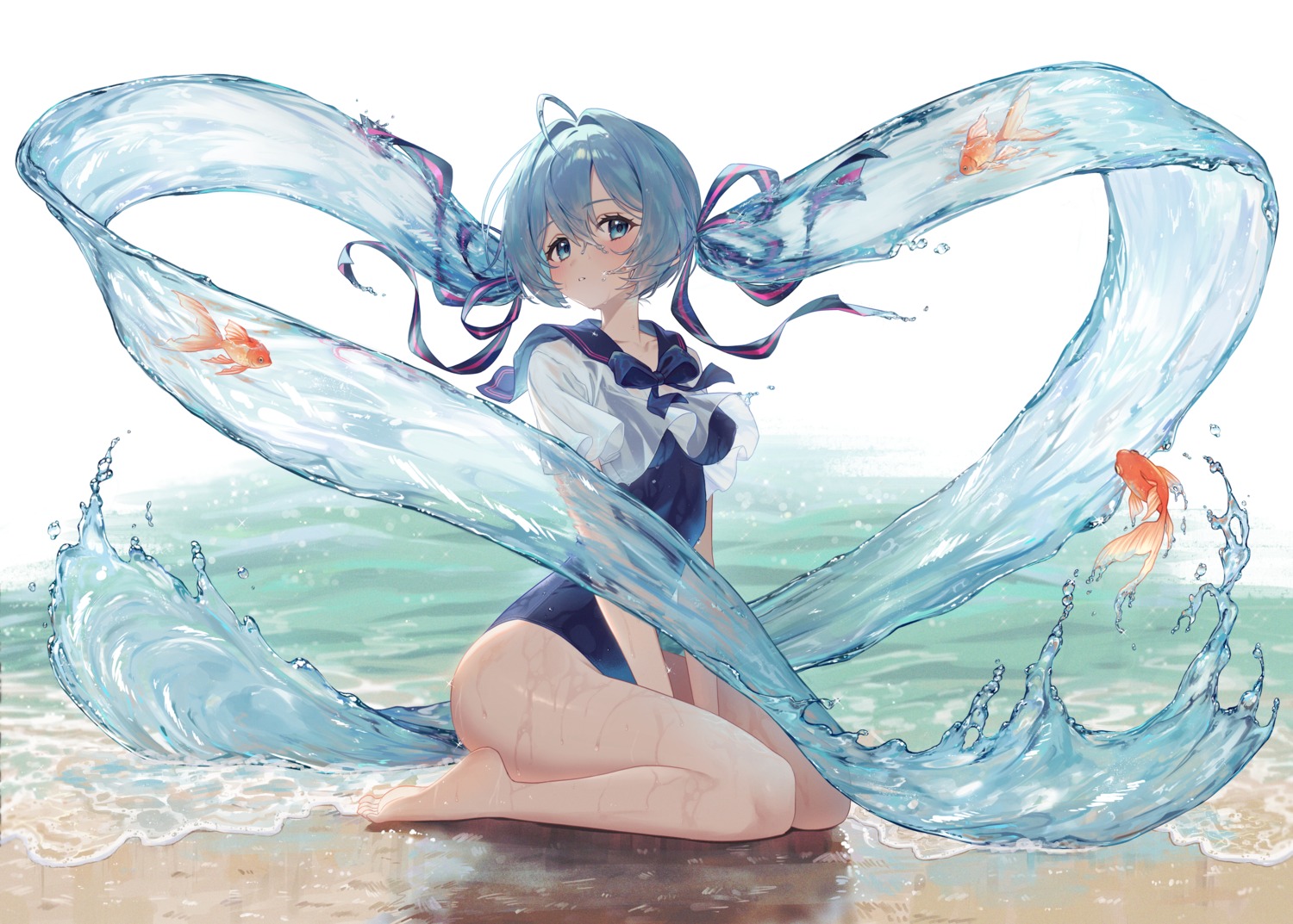 hatsune_miku, seifuku, seoki_(hi3031), swimsuits, vocaloid, wet