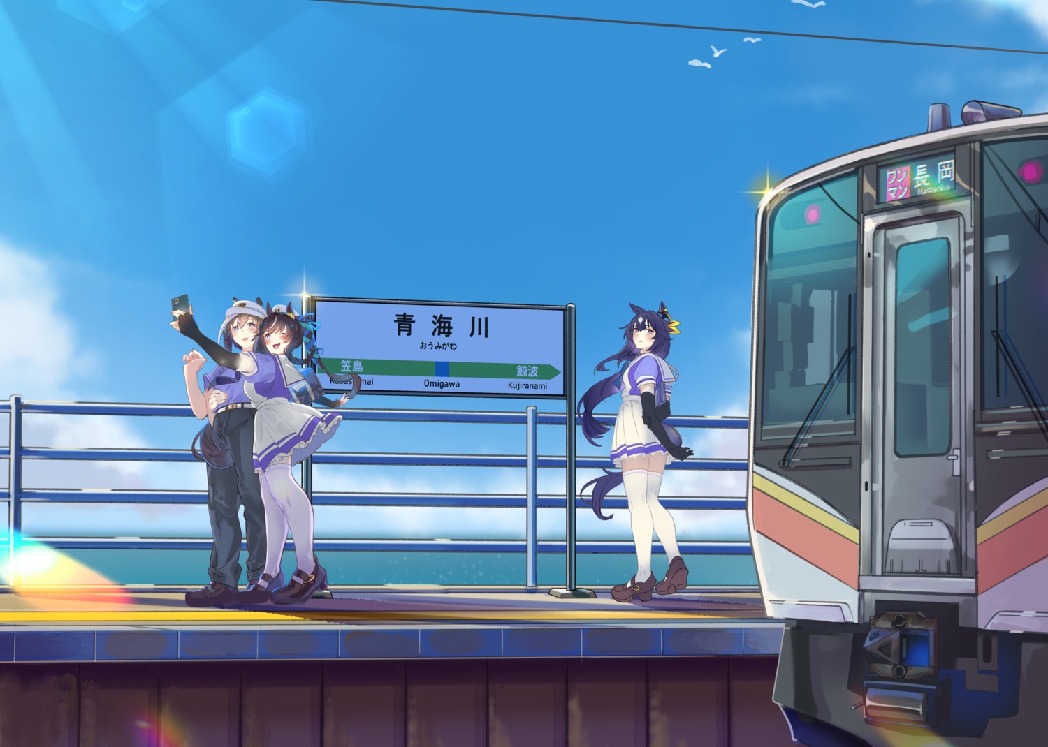 animal_ears, cheval_grand_(umamusume), doushi_tatsu_to_dekkai_no, landscape, seifuku, selfie, skirt_lift, tail, thighhighs, uma_musume_pretty_derby, uniform, verxina_(umamusume), vivlos_(umamusume)
