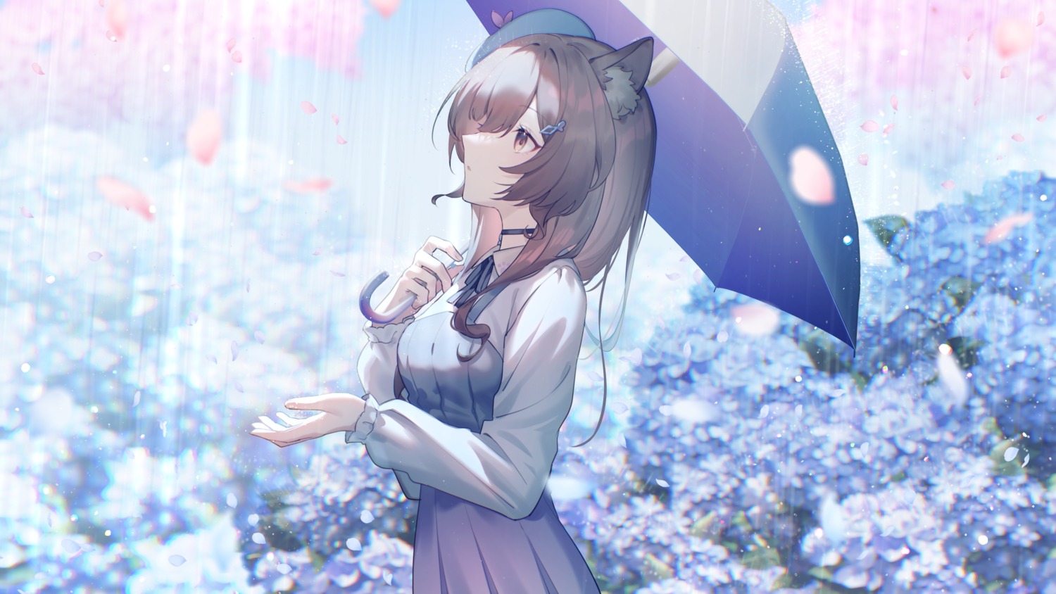 720yen, animal_ears, dress, umbrella, wallpaper, wet