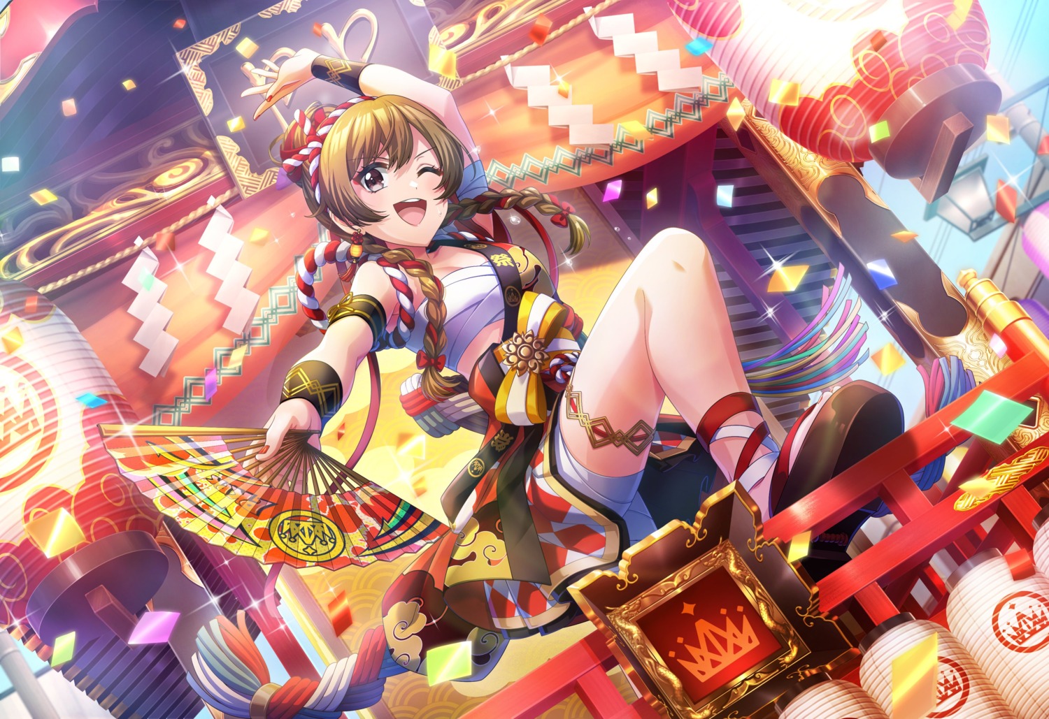 bandages, d4dj, garter, japanese_clothes, sarashi, skirt_lift, tagme, yamate_kyouko