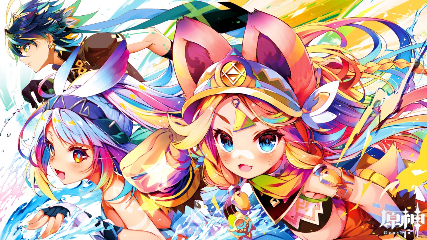 animal_ears, genshin_impact, kachina, kamiya_yuu, kinich, mualani, tail, tan_lines, tattoo