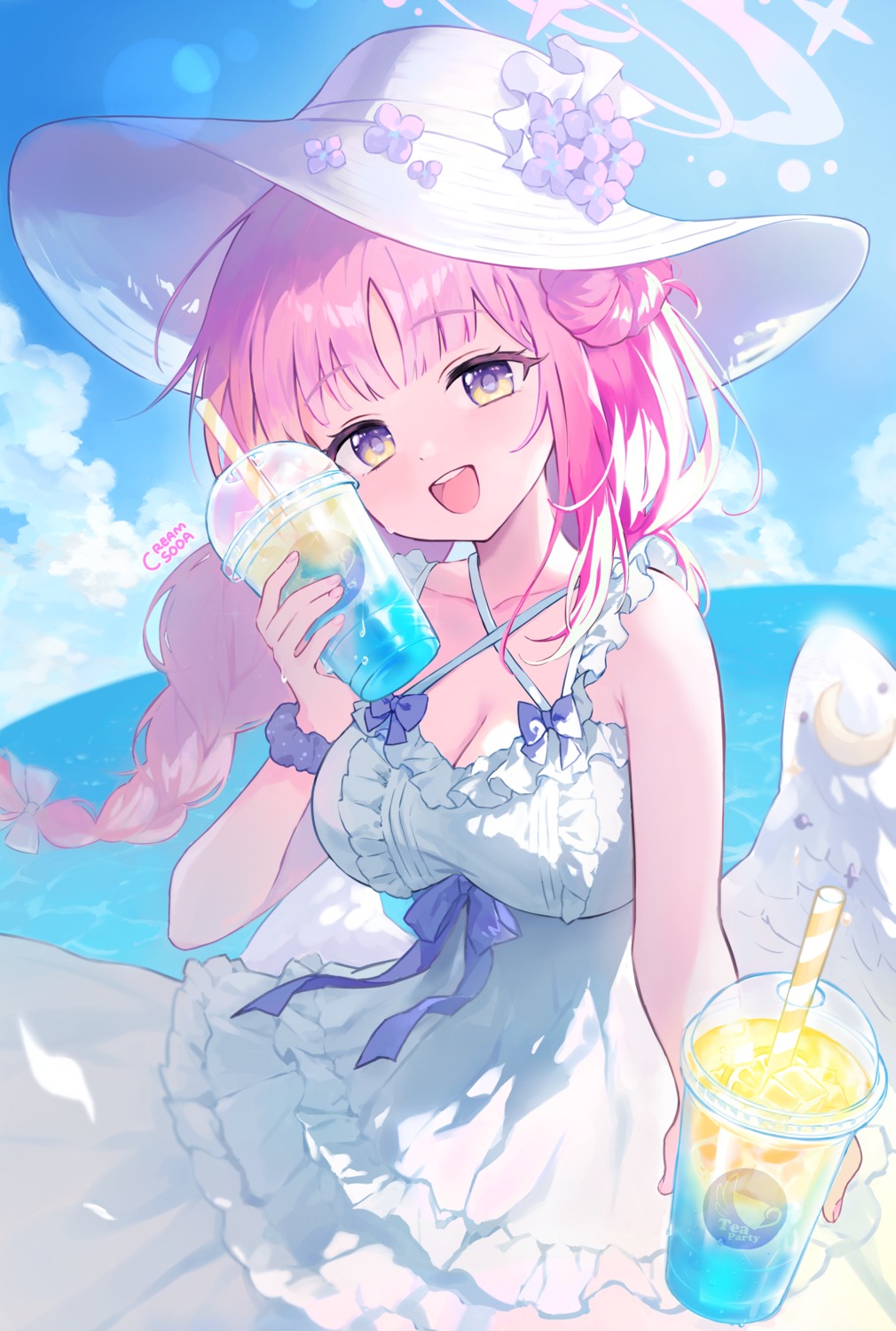 angel, blue_archive, cleavage, creamsoda, dress, misono_mika, summer_dress, wings