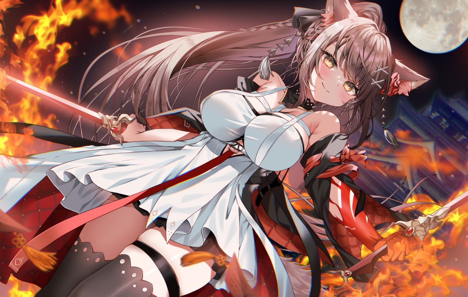 animal_ears, asian_clothes, changli, cosplay, garter, sword, tail, thighhighs