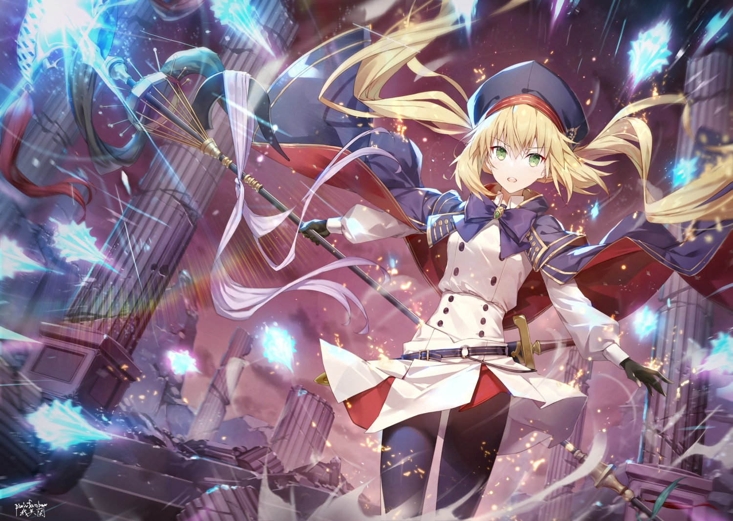 artoria_caster_(fate), fate/grand_order, gabiran, pantyhose, skirt_lift, sword, uniform, weapon